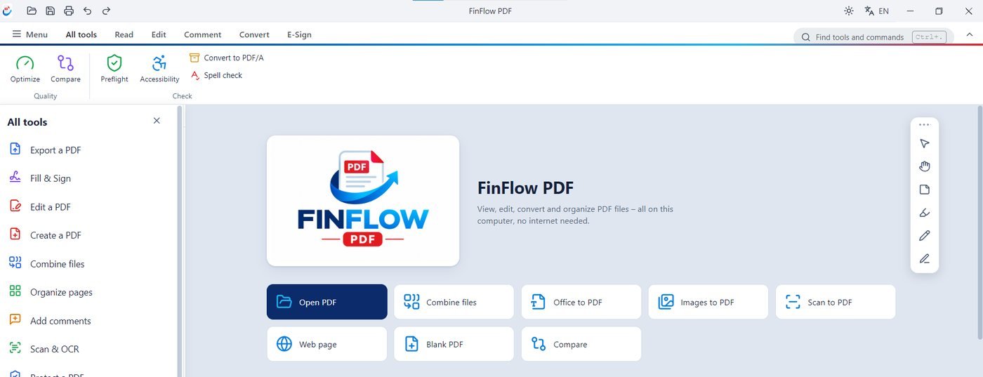 FinFlow PDF start screen with all tools