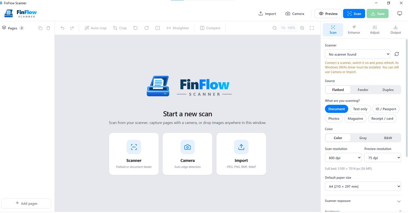 FinFlow Scanner start screen with scanner, camera and import options