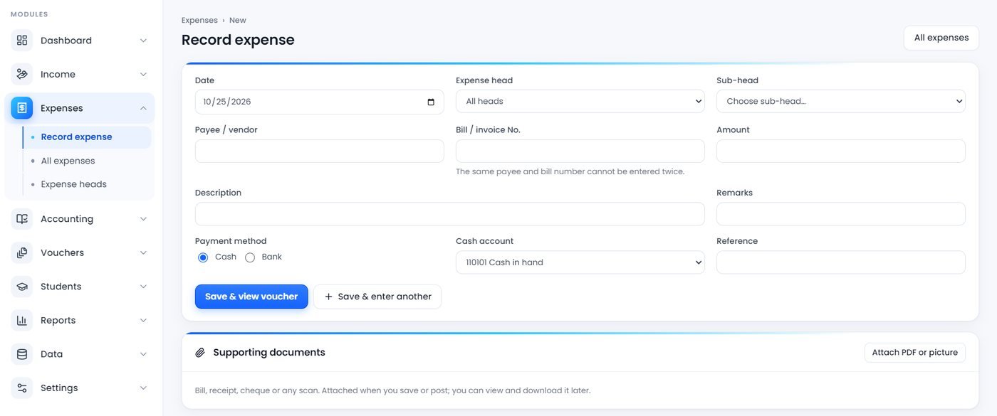 Recording an expense in FinFlow School